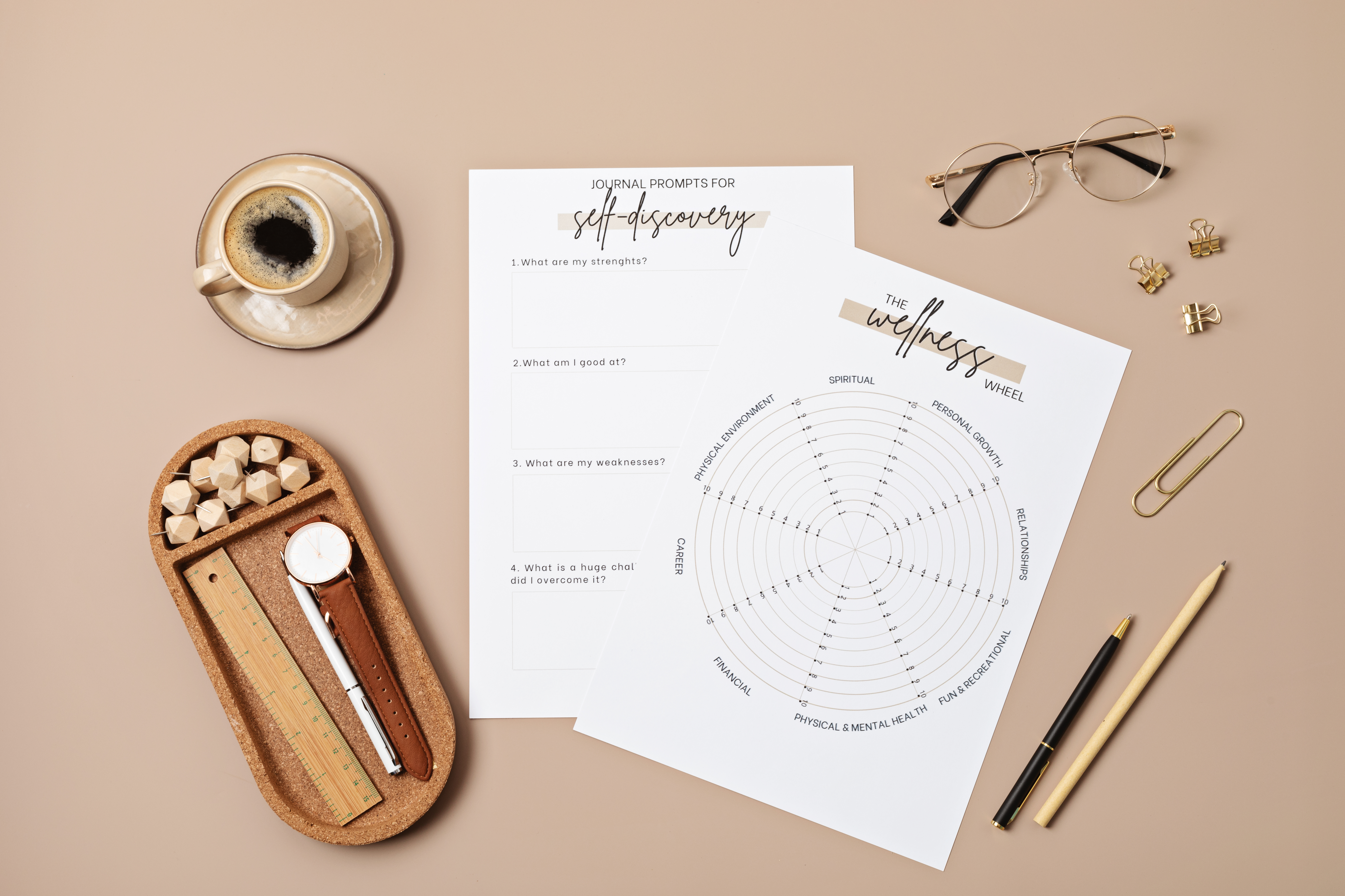 Desktop with life coaching templates and office accessories